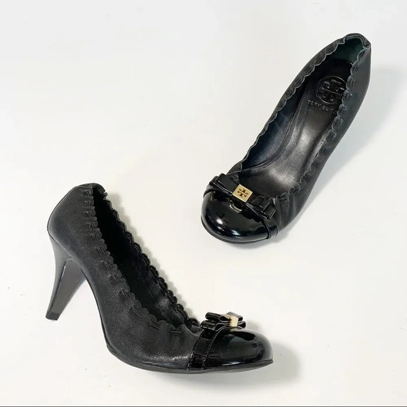 Tory Burch Romy Pump Black Leather Heels Women’s‎ Size 7 Patent Ruffle Luxe Look - Picture 11 of 11
